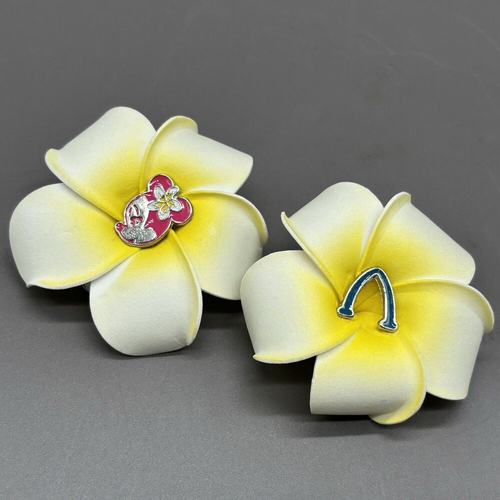 Disney Aulani Hawaii Plumeria Flower Hair Clips Minnie Mouse Aulani Resort Logo